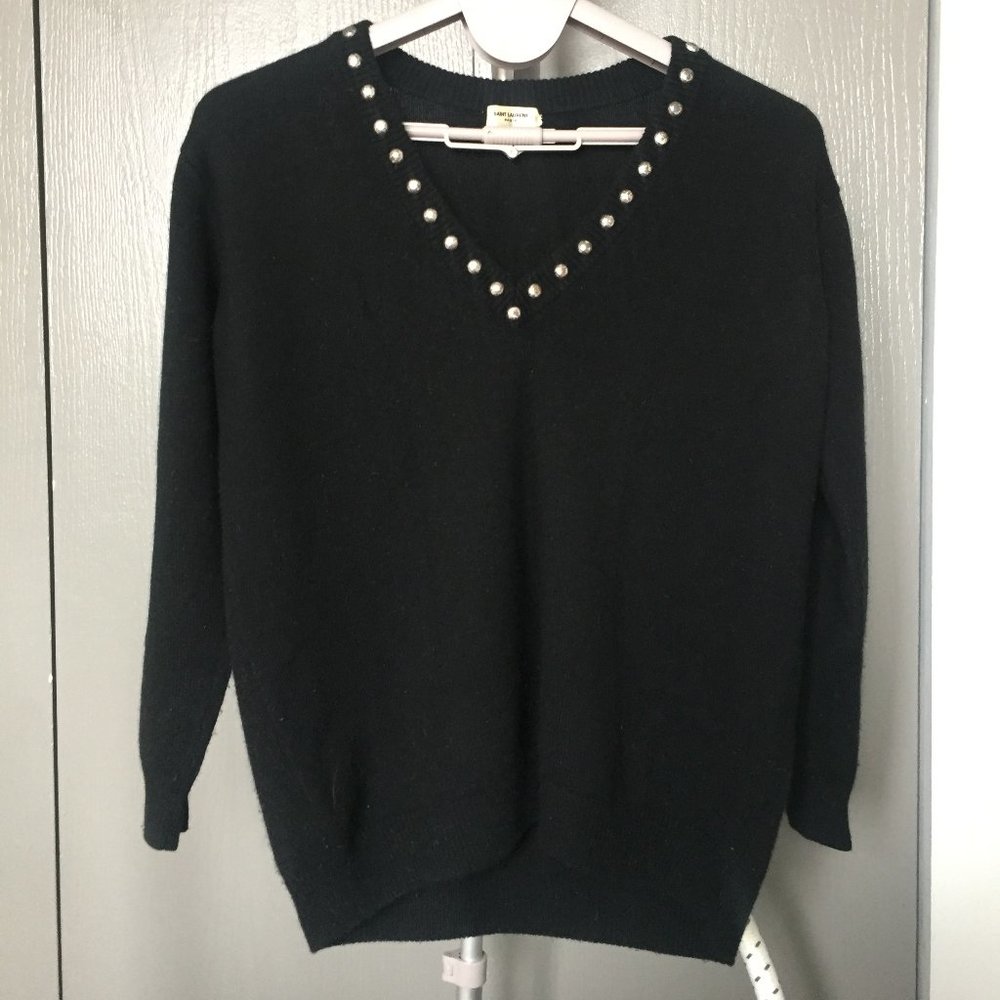 Yves Saint Laurent Cashmere V-neck with distressed silver studs.